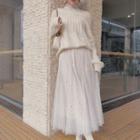 Set: Bow Accent Sweater + Sequined Mesh Maxi A-line Skirt