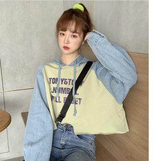 Lettering Denim Panel Hooded Long-sleeve T-shirt