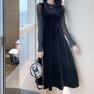 Set: Long-sleeve Mesh Top + Midi A-line Velvet Pinafore Dress