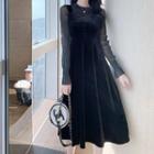 Set: Long-sleeve Mesh Top + Midi A-line Velvet Pinafore Dress