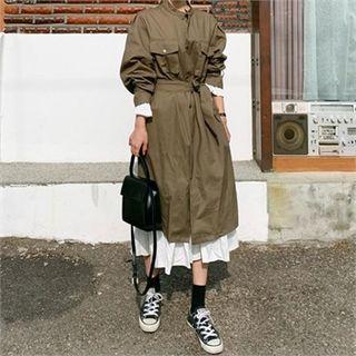 Mandarin-collar Pocket-detail Trench Coat With Sash Khaki - One Size