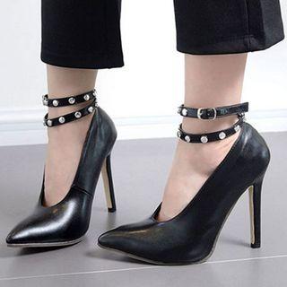High Heel Studded Ankle Strap Pumps