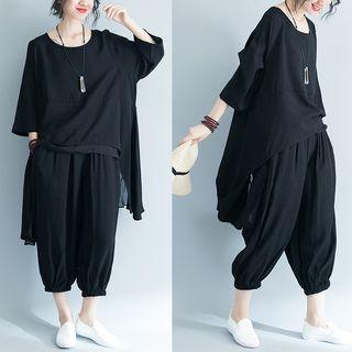 Set: 3/4-sleeve Dip-back T-shirt + Cropped Harem Pants Black - One Size