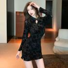 Long-sleeve Lace Mini Qipao Dress