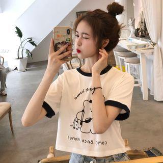 Short-sleeve Bear Print Cropped T-shirt (various Designs)
