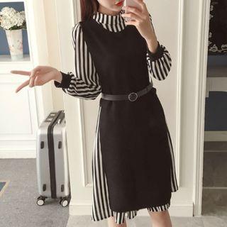 Set: Striped Long-sleeve Dress + Slit-side Long Vest
