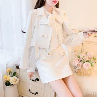 Set: Cropped Jacket + Tie-neck Blouse + A-line Skirt