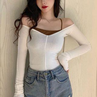 Set: Plain Camisole Top + Off-shoulder Long-sleeve T-shirt White - One Size