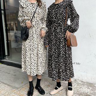 Long-sleeve Dotted Midi Collared Dress