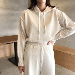 Set: Hooded Knit Top + Band-waist Wide-leg Pants