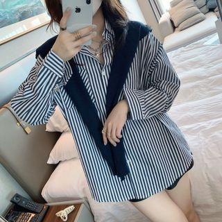 Set: Striped Shirt + Plain Shawl Shirt - Stripe - Navy Blue - One Size / Shawl - Navy Blue - One Size