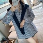 Set: Striped Shirt + Plain Shawl Shirt - Stripe - Navy Blue - One Size / Shawl - Navy Blue - One Size