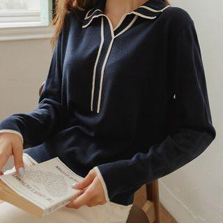 Collared V-neck Piped Knit Top