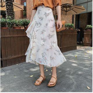 Print Ruffle Hem Midi A-line Wrap Skirt