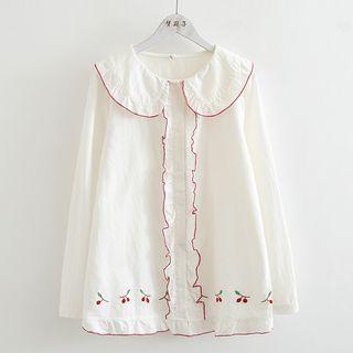 Cherry Embroidery Collared Blouse White - One Size