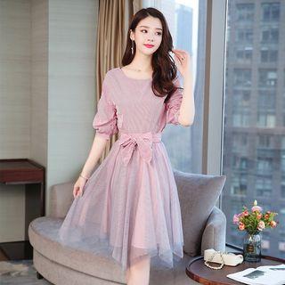 Set: Bow Short-sleeve Top + Midi A-line Skirt