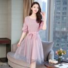 Set: Bow Short-sleeve Top + Midi A-line Skirt