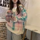 Plaid Sweater Pink & Green & Milky White - One Size