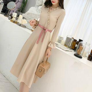 V-neck Ruffle Trim Long-sleeve A-line Dress