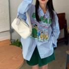 Long-sleeve Cartoon Print Shirt Blue - One Size