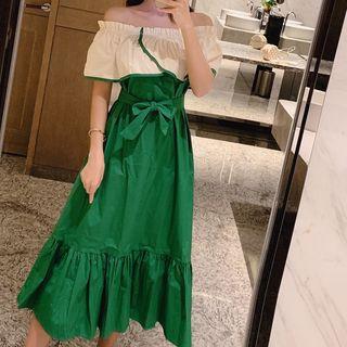 Color Block Off-shoulder Short-sleeve Midi A-line Dress