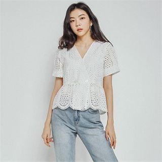 Puff-sleeve Eyelet-lace Peplum Blouse