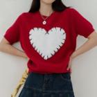 Short-sleeve Fluffy Heart Detail Knit Top