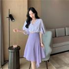 Lantern-sleeve Twisted Crop Top / Striped Asymmetric Skirt