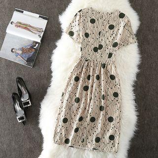 Short-sleeve Keyhole-front Print A-line Dress