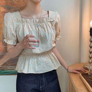 Frilled-trim Shirred Peplum Top