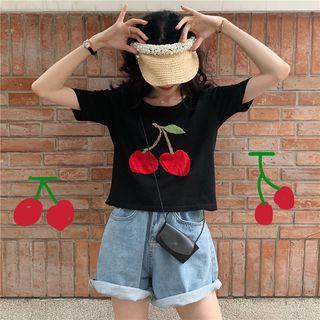 Short-sleeve Cherry Print Knit Top