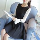 Bell-sleeve Long-sleeved Crewneck A-line Plain Panel Slim Sheath Dress
