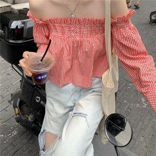 Off-shoulder Flower Print Blouse / Plaid Blouse