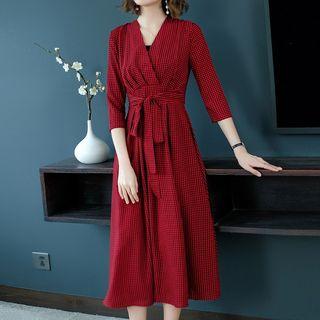 Check 3/4-sleeve Midi Chiffon Dress