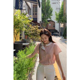 Half-placket Frilled Plaid Blouse