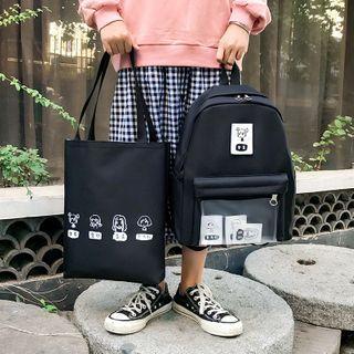 Set: Transparent Panel Cartoon Print Lightweight Backpack + Tote Bag
