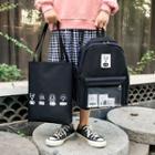 Set: Transparent Panel Cartoon Print Lightweight Backpack + Tote Bag
