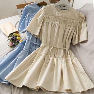 Short-sleeve Ruched Mini Dress With Sash