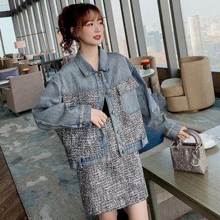 Set: Tweed Panel Button Denim Jacket + Mini A-line Skirt