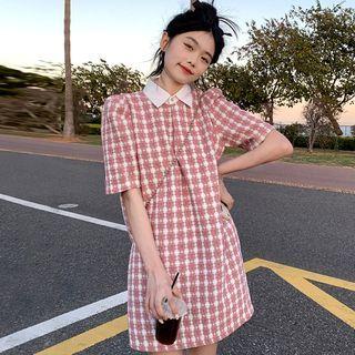 Short-sleeve Collar Plaid Shift Dress