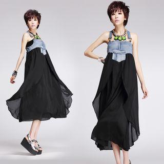 Chiffon Panel Denim Suspender Dress