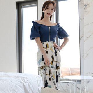 Cold Shoulder Elbow-sleeve Top / Printed Pencil Skirt / Set