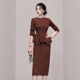 Set: Long-sleeve Ruffle Hem Knit Top + Midi Pencil Skirt Coffee - One Size