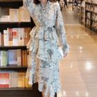 Bell-sleeve Printed Midi Layered Dress