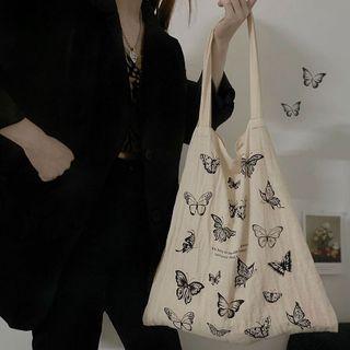 Butterfly Print Tote Bag Black Butterfly - Beige - One Size