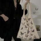Butterfly Print Tote Bag Black Butterfly - Beige - One Size