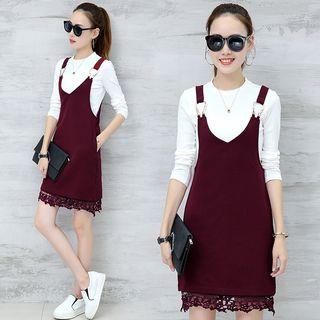 Set: Plain Long Sleeve T-shirt + Lace Hem Pinafore Dress