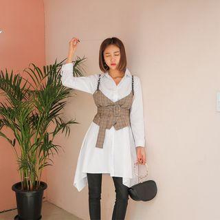 Set: Long A-line Shirt + Faux-leather Checked Vest