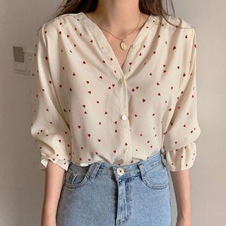 Heart Print Bell-sleeve Chiffon Blouse