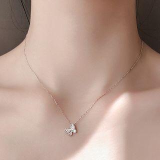 925 Sterling Silver Rhinestone Butterfly Pendant Choker 925 Sterling Silver Rhinestone Butterfly Pendant Choker - One Size
